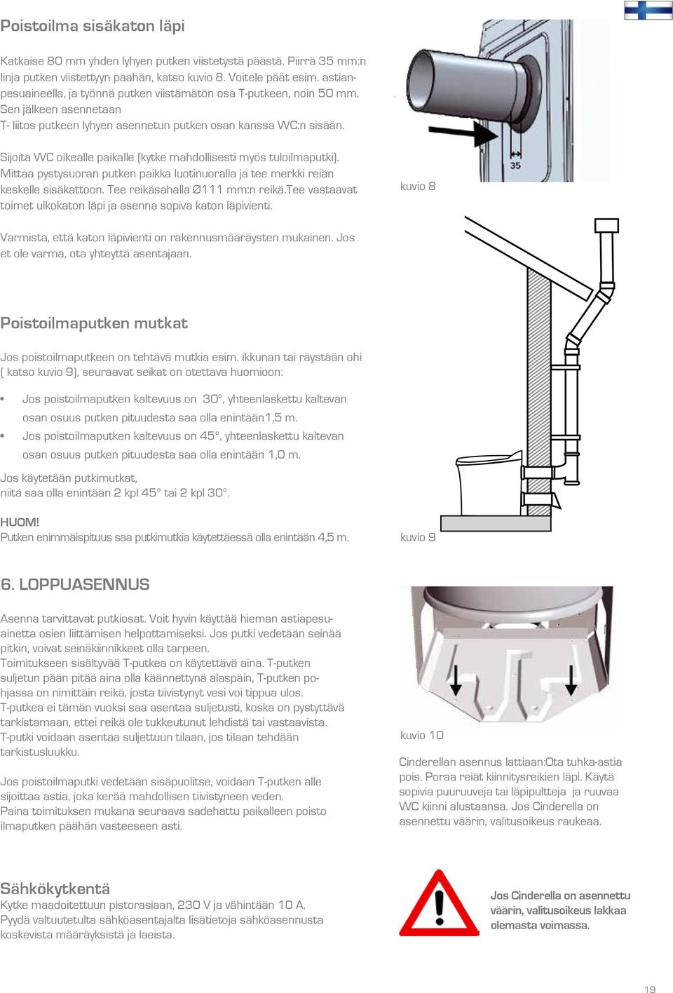 Sijoita WC oikealle paikalle (kytke mahdollisesti myös tuloilmaputki). Mittaa pystysuoran putken paikka luotinuoralla ja tee merkki reiän keskelle sisäkattoon. Tee reikäsahalla Ø111 mm:n reikä.