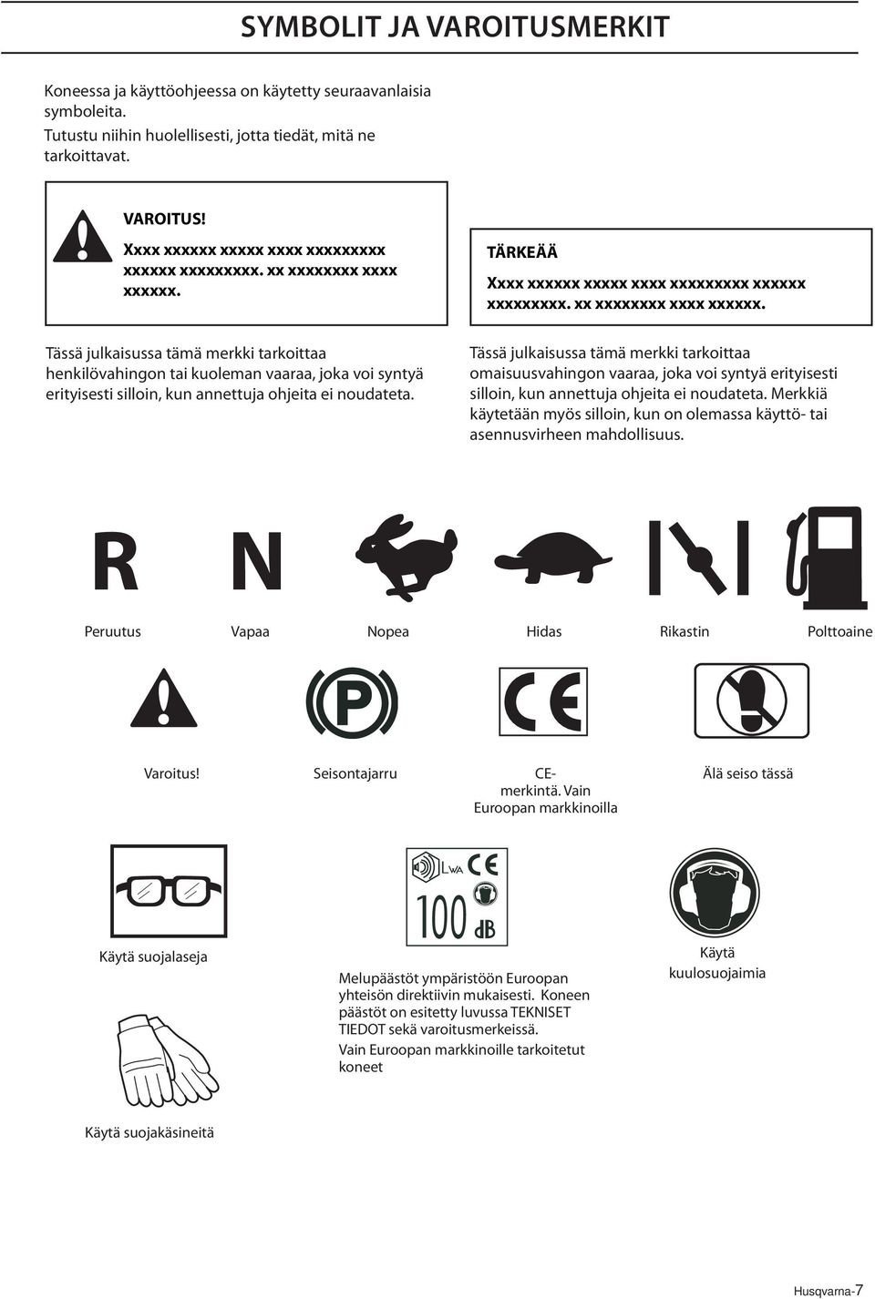 Tässä julkaisussa tämä merkki tarkoittaa henkilövahingon tai kuoleman vaaraa, joka voi syntyä erityisesti silloin, kun annettuja ohjeita ei noudateta.