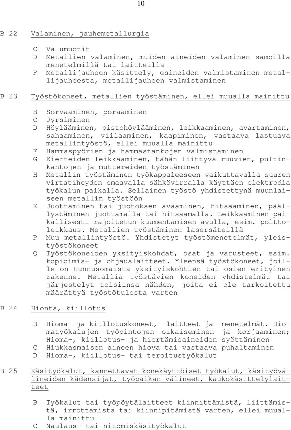 avartaminen, sahaaminen, viilaaminen, kaapiminen, vastaava lastuava metallintyöstö, ellei muualla mainittu F Hammaspyörien ja hammastankojen valmistaminen G Kierteiden leikkaaminen, tähän liittyvä