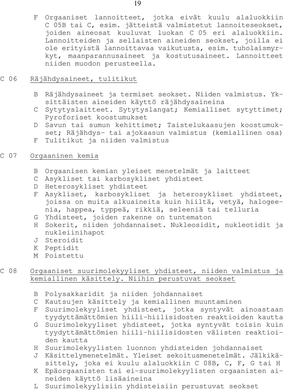 C 06 Räjähdysaineet, tulitikut B Räjähdysaineet ja termiset seokset. Niiden valmistus. Yksittäisten aineiden käyttö räjähdysaineina C Sytytyslaitteet.