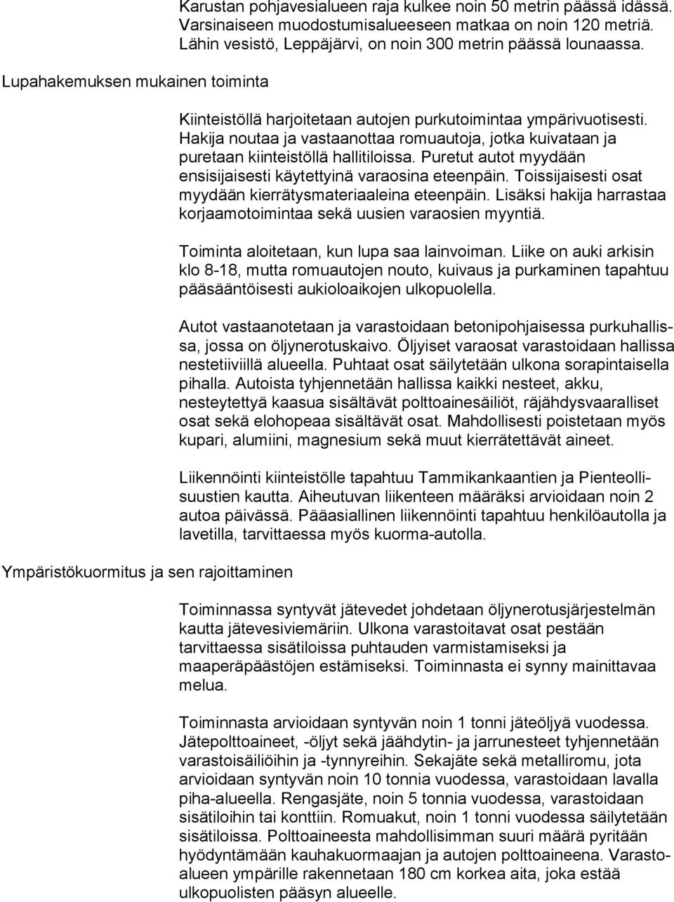 Kiinteistöllä harjoitetaan autojen purkutoimintaa ym pä ri vuo ti ses ti. Hakija noutaa ja vastaanottaa romuautoja, jotka kui va taan ja puretaan kiinteistöllä hallitiloissa.