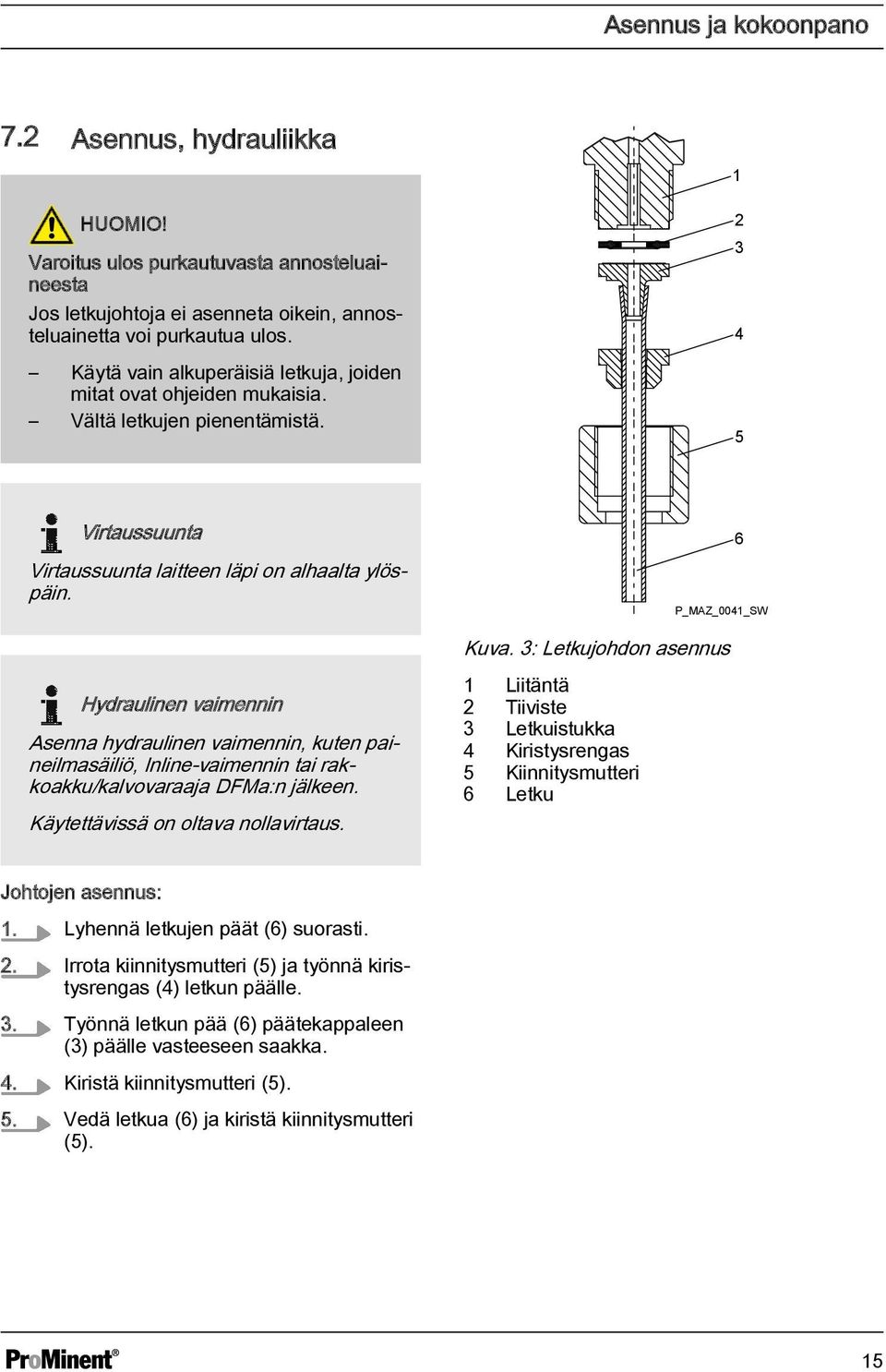 3: Letkujohdon asennus Hydraulinen vaimennin Asenna hydraulinen vaimennin, kuten paineilmasäiliö, Inline-vaimennin tai rakkoakku/kalvovaraaja DFMa:n jälkeen. Käytettävissä on oltava nollavirtaus.