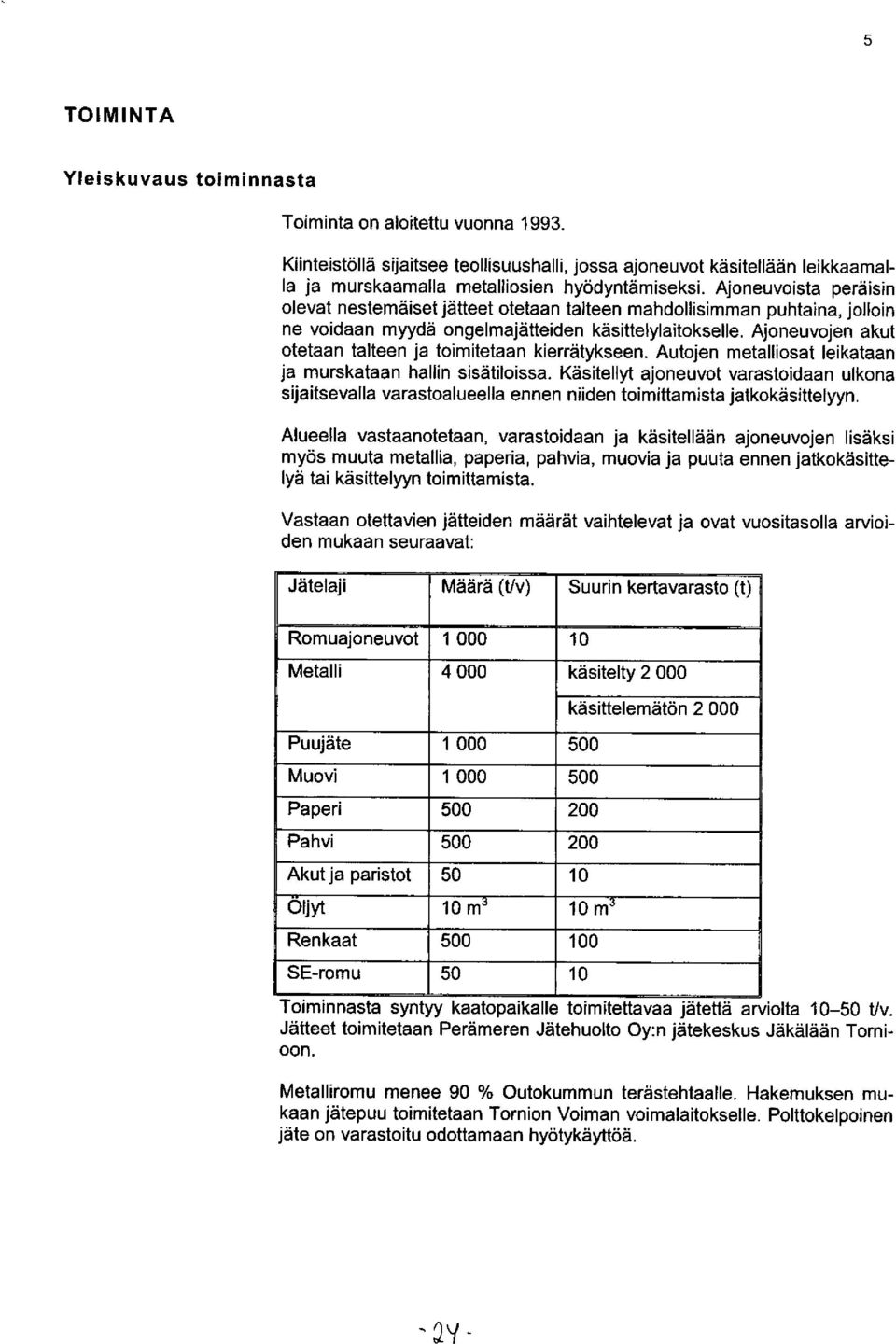 Ajoneuvojen akut otetaan talteen ja toimitetaan kierrätykseen. Autojen metalliosat leikataan ja murskataan hallin sisätiloissa.