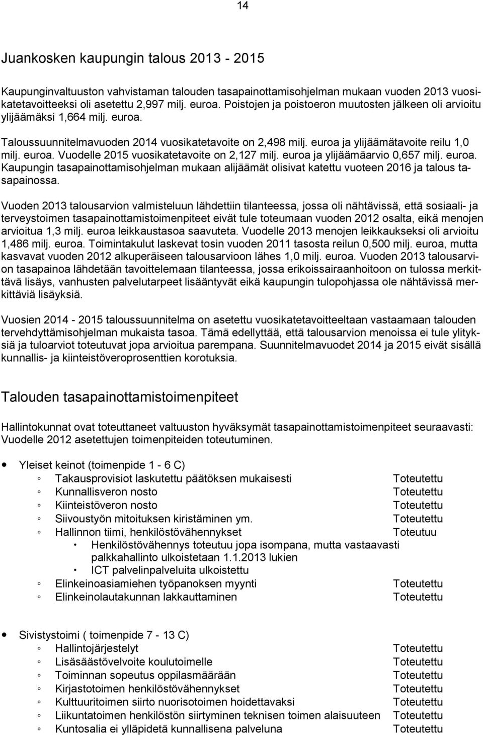 euroa ja ylijäämäarvio 0,657 milj. euroa. Kaupungin tasapainottamisohjelman mukaan alijäämät olisivat katettu vuoteen 2016 ja talous tasapainossa.