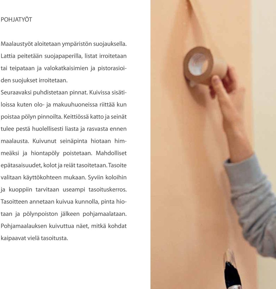 Keittiössä katto ja seinät tulee pestä huolellisesti liasta ja rasvasta ennen maalausta. Kuivunut seinäpinta hiotaan himmeäksi ja hiontapöly poistetaan.