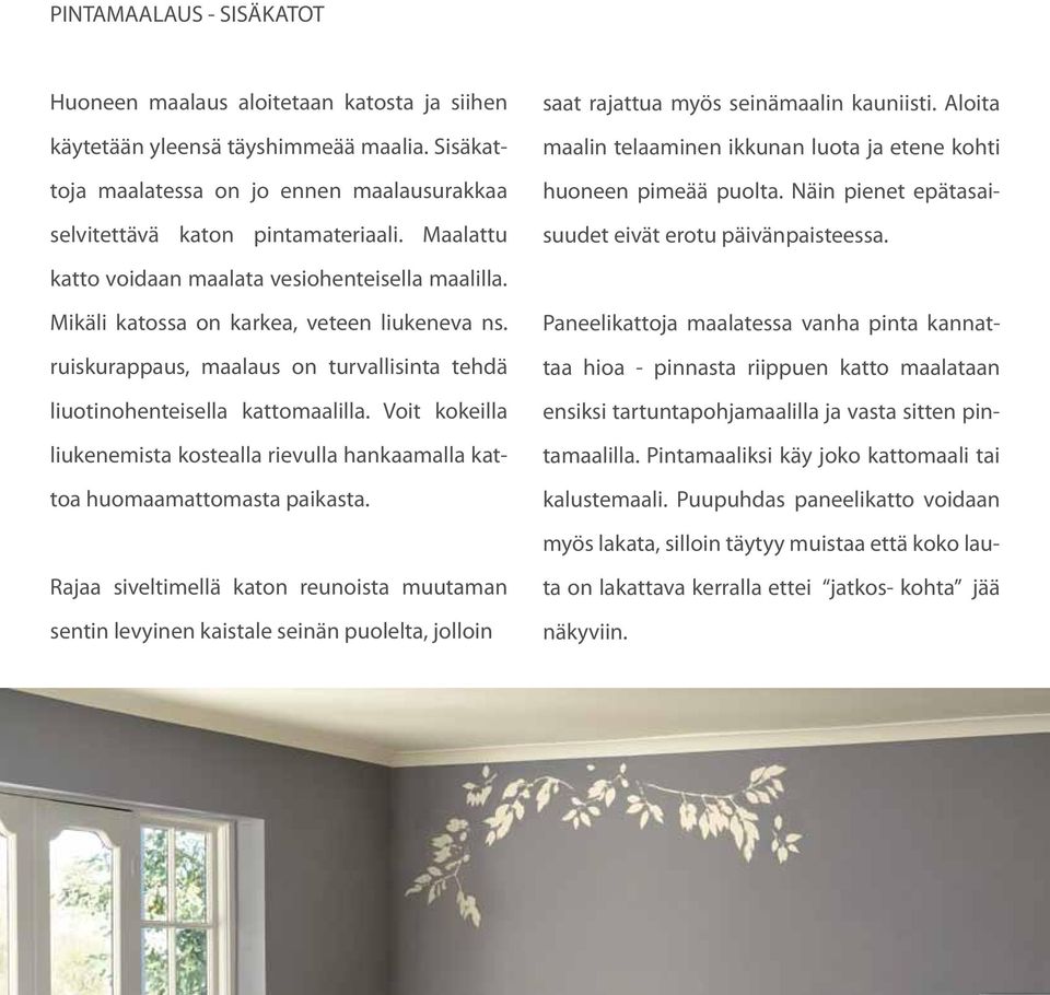 katto voidaan maalata vesiohenteisella maalilla. Mikäli katossa on karkea, veteen liukeneva ns. ruiskurappaus, maalaus on turvallisinta tehdä liuotinohenteisella kattomaalilla.