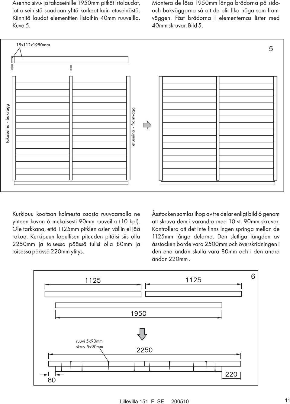 19x112x1950mm 5 takaseinä - bakvägg etuseinä - framvägg Kurkipuu kootaan kolmesta osasta ruuvaamalla ne yhteen kuvan 6 mukaisesti 90mm ruuveilla (10 kpl).