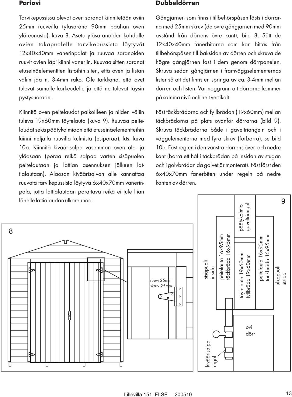 Ruuvaa sitten saranat etuseinäelementtien listoihin siten, että oven ja listan väliin jää n. 3-4mm rako. Ole tarkkana, että ovet tulevat samalle korkeudelle ja että ne tulevat täysin pystysuoraan.