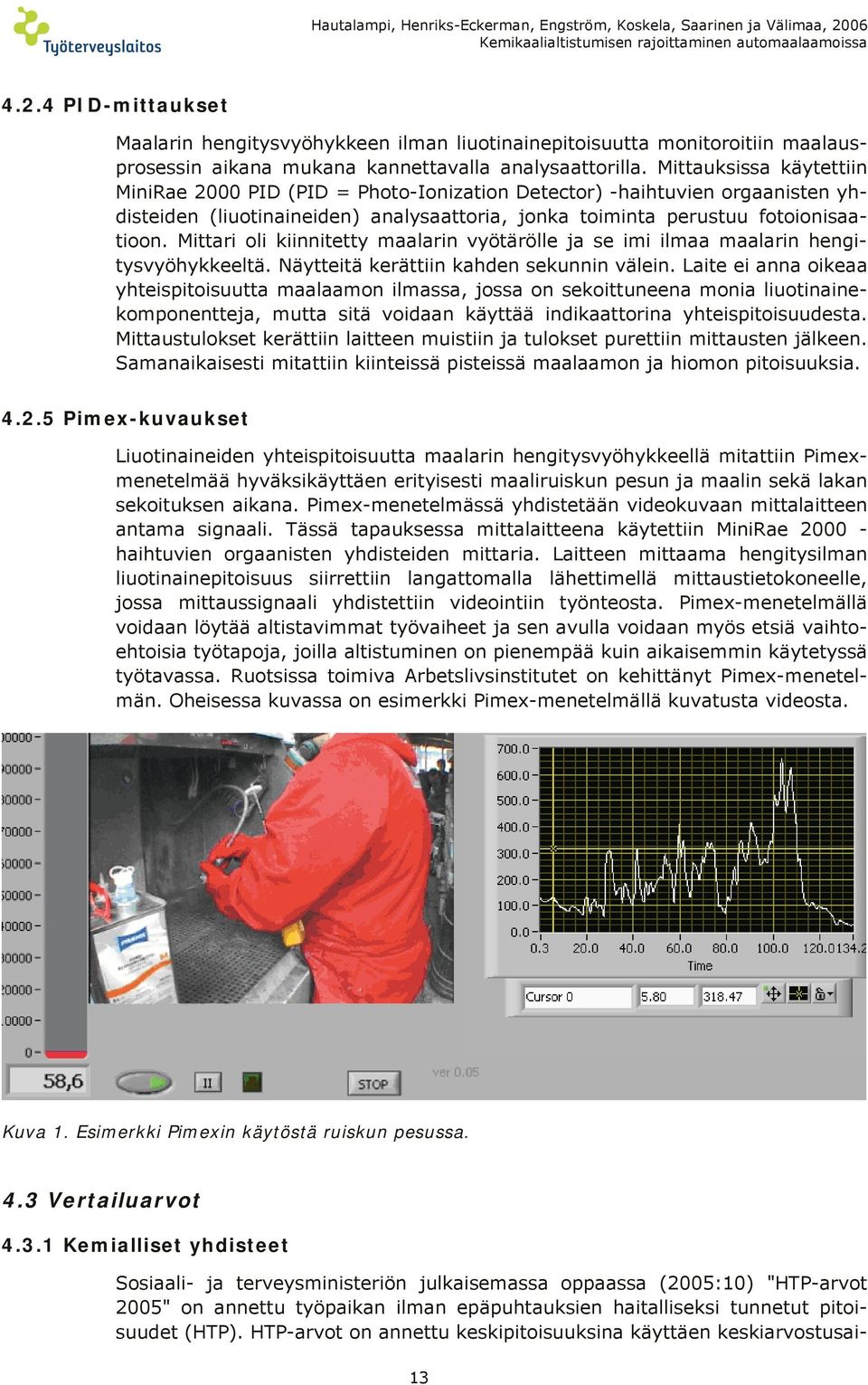 4 PID-mittaukset Maalarin hengitysvyöhykkeen ilman liuotinainepitoisuutta monitoroitiin maalausprosessin aikana mukana kannettavalla analysaattorilla.