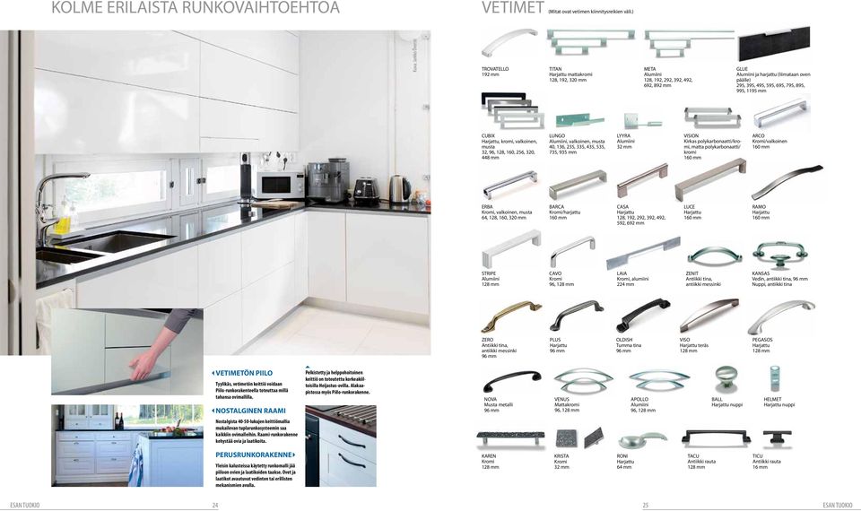 595, 695, 795, 895, 995, 1195 mm CUBIX Harjattu, kromi, valkoinen, musta 32, 96, 128, 160, 256, 320, 448 mm LUNGO Alumiini, valkoinen, musta 40, 136, 235, 335, 435, 535, 735, 935 mm LYYRA Alumiini 32
