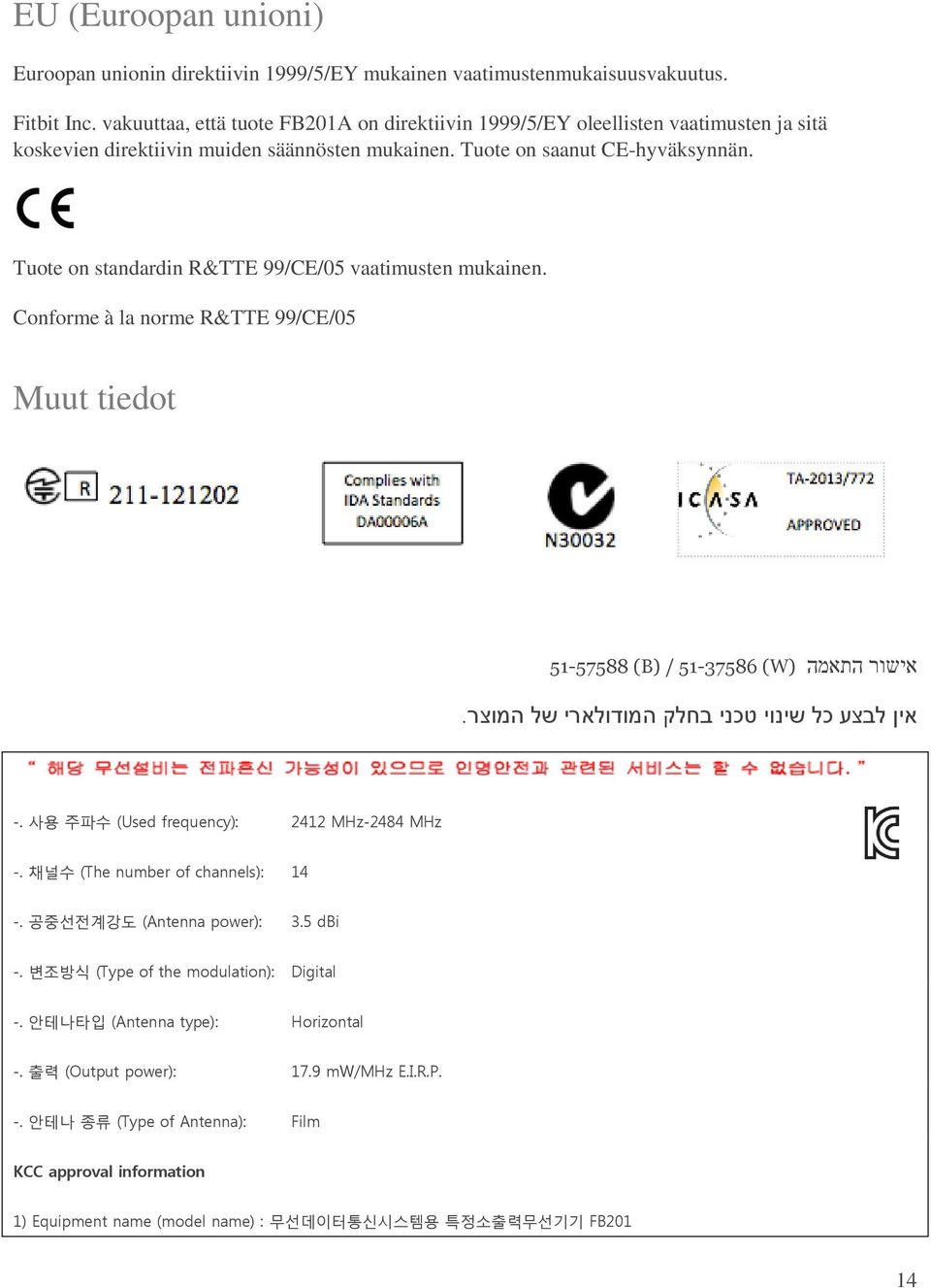 Tuote on standardin R&TTE 99/CE/05 vaatimusten mukainen. Conforme à la norme R&TTE 99/CE/05 Muut tiedot אישור התאמה (W) (B) / 51-37586 51-57588 אין לבצע כל שינוי טכני בחלק המודולארי של המוצר. -.