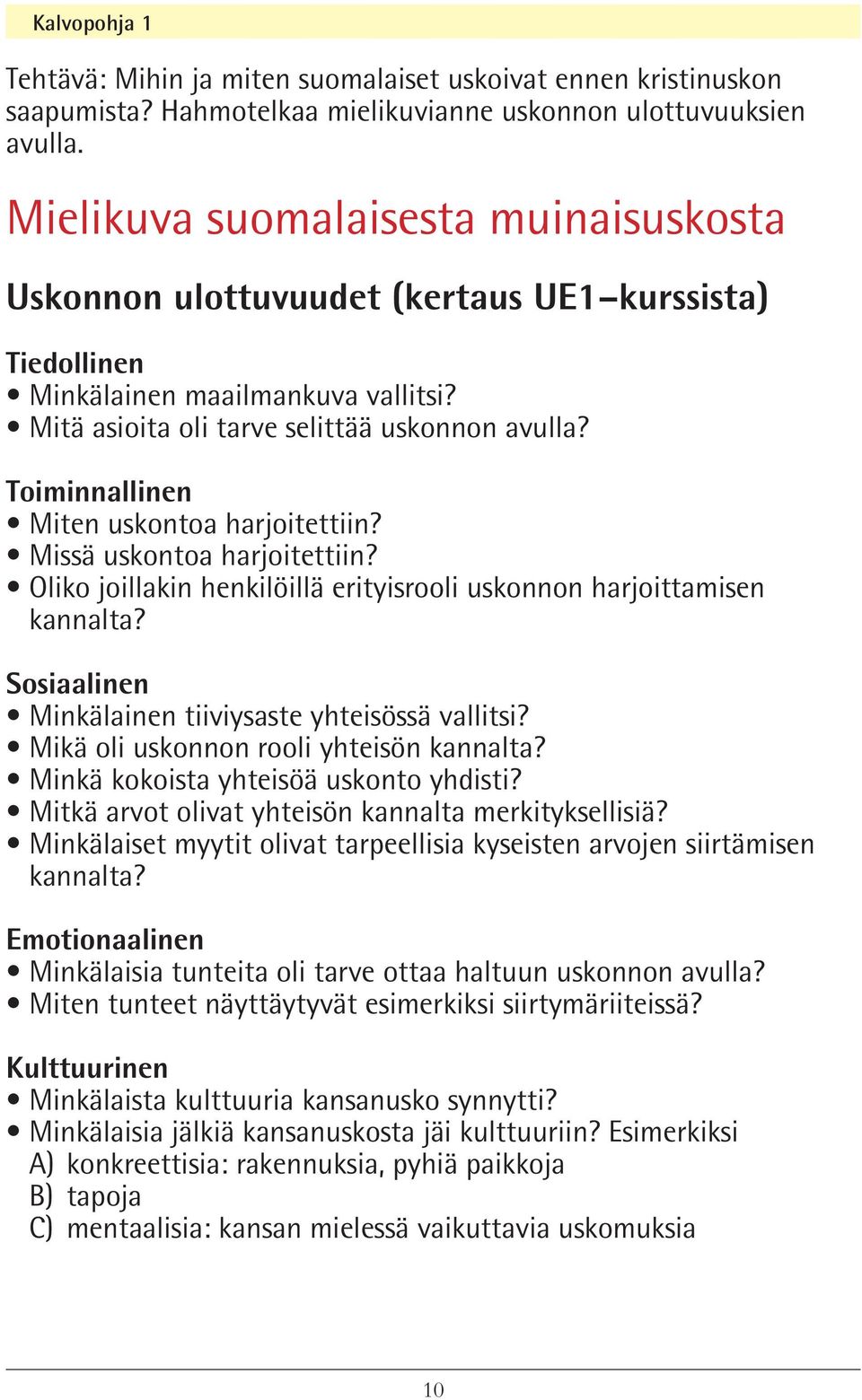 Toiminnallinen Miten uskontoa harjoitettiin? Missä uskontoa harjoitettiin? Oliko joillakin henkilöillä erityisrooli uskonnon harjoittamisen kannalta?