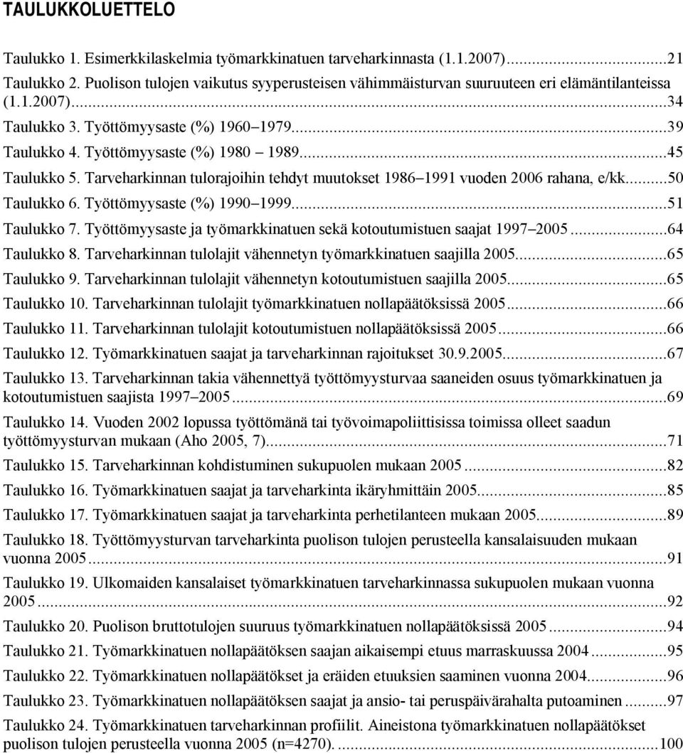 ..45 Taulukko 5. Tarveharkinnan tulorajoihin tehdyt muutokset 1986 1991 vuoden 2006 rahana, e/kk...50 Taulukko 6. Työttömyysaste (%) 1990 1999...51 Taulukko 7.