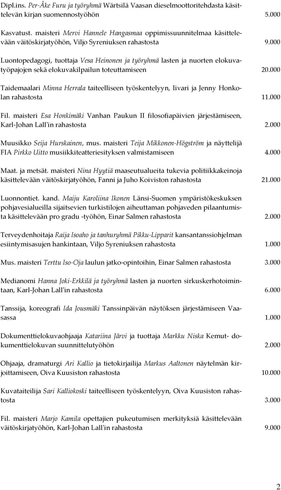 000 Luontopedagogi, tuottaja Vesa Heinonen ja työryhmä lasten ja nuorten elokuvatyöpajojen sekä elokuvakilpailun toteuttamiseen 20.