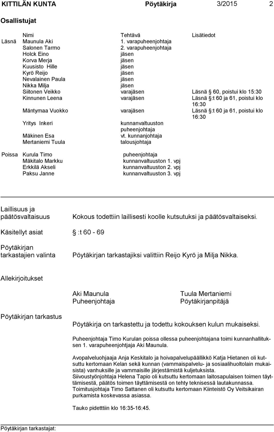 Leena varajäsen Läsnä :t 60 ja 61, poistui klo 16:30 Mäntymaa Vuokko varajäsen Läsnä :t 60 ja 61, poistui klo 16:30 Yritys Inkeri kunnanvaltuuston puheenjohtaja Mäkinen Esa vt.