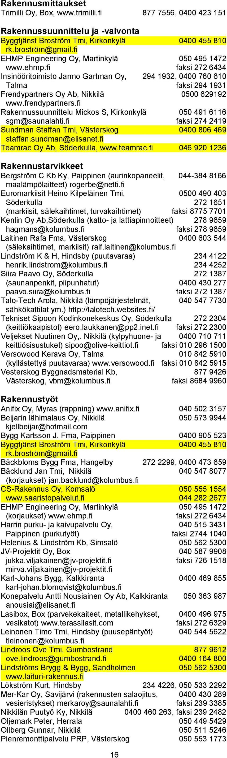 fi faksi 272 6434 Insinööritoimisto Jarmo Gartman Oy, 294 1932, 0400 760 610 Talma faksi 294 1931 Frendypartners Oy Ab, Nikkilä 0500 629192 www.frendypartners.