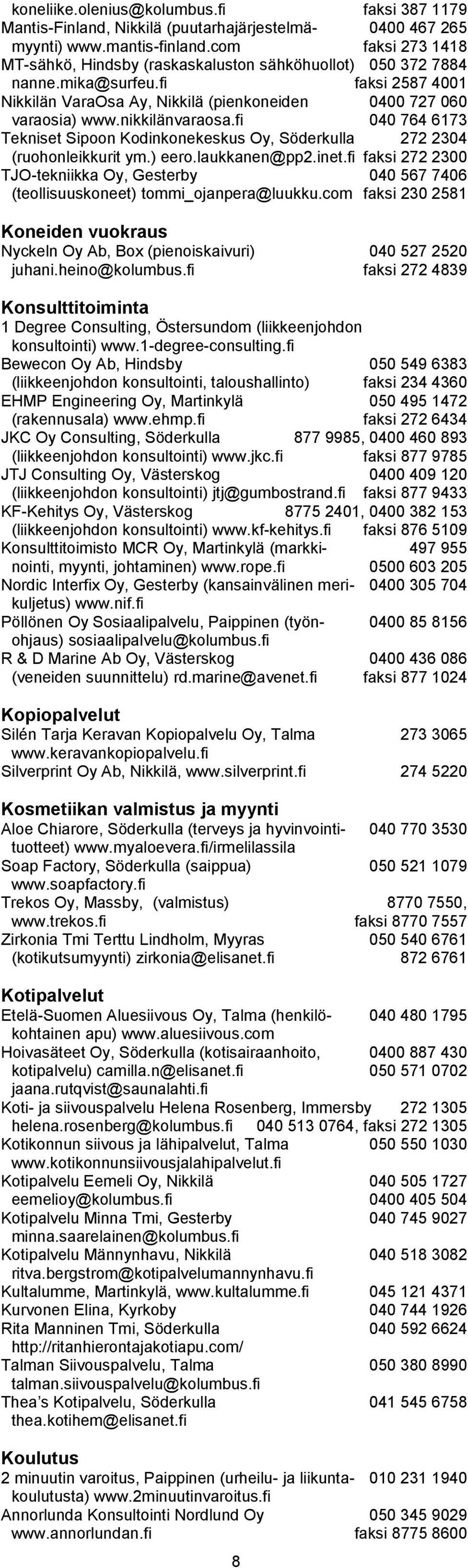 nikkilänvaraosa.fi 040 764 6173 Tekniset Sipoon Kodinkonekeskus Oy, Söderkulla 272 2304 (ruohonleikkurit ym.) eero.laukkanen@pp2.inet.