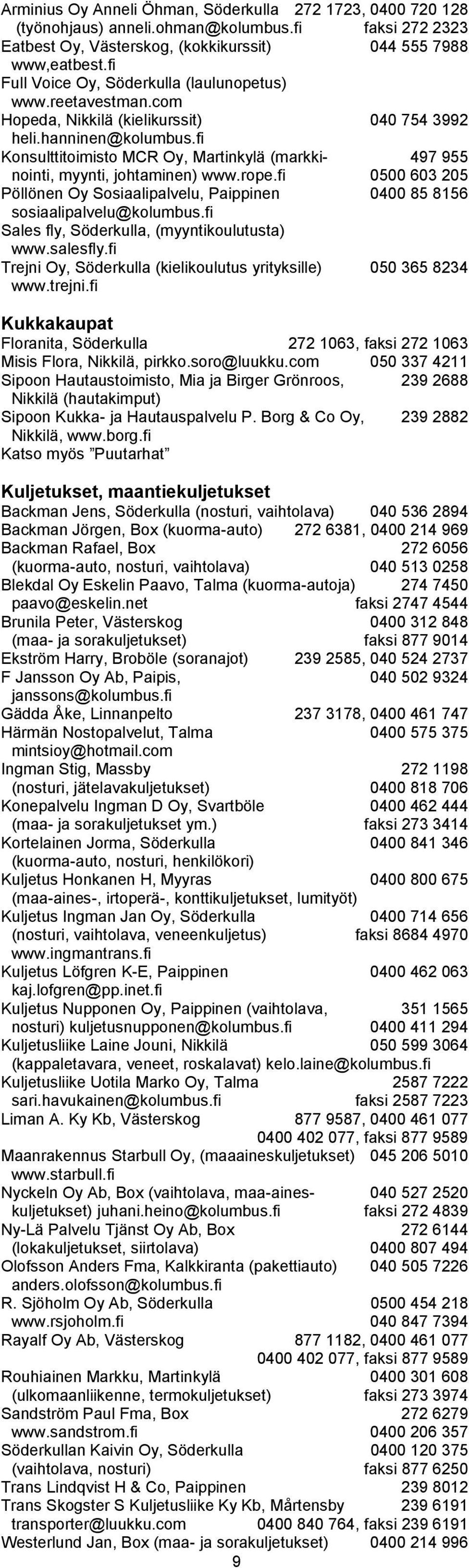 fi Konsulttitoimisto MCR Oy, Martinkylä (markki- 497 955 nointi, myynti, johtaminen) www.rope.fi 0500 603 205 Pöllönen Oy Sosiaalipalvelu, Paippinen 0400 85 8156 sosiaalipalvelu@kolumbus.