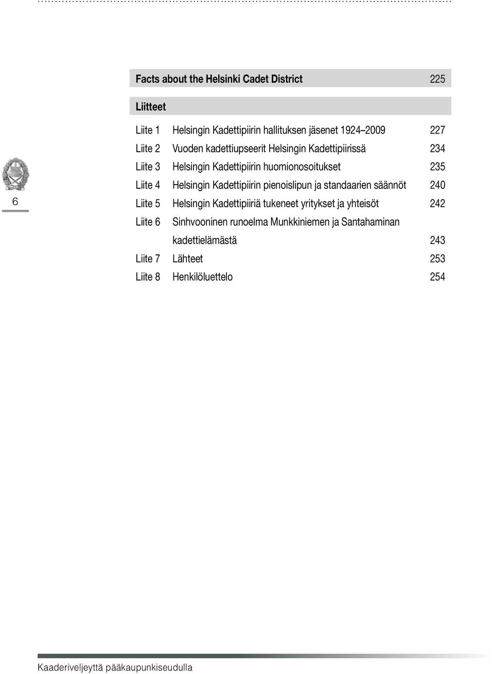 Kadettipiirin pienoislipun ja standaarien säännöt 240 Liite 5 Helsingin Kadettipiiriä tukeneet yritykset ja yhteisöt 242 Liite 6