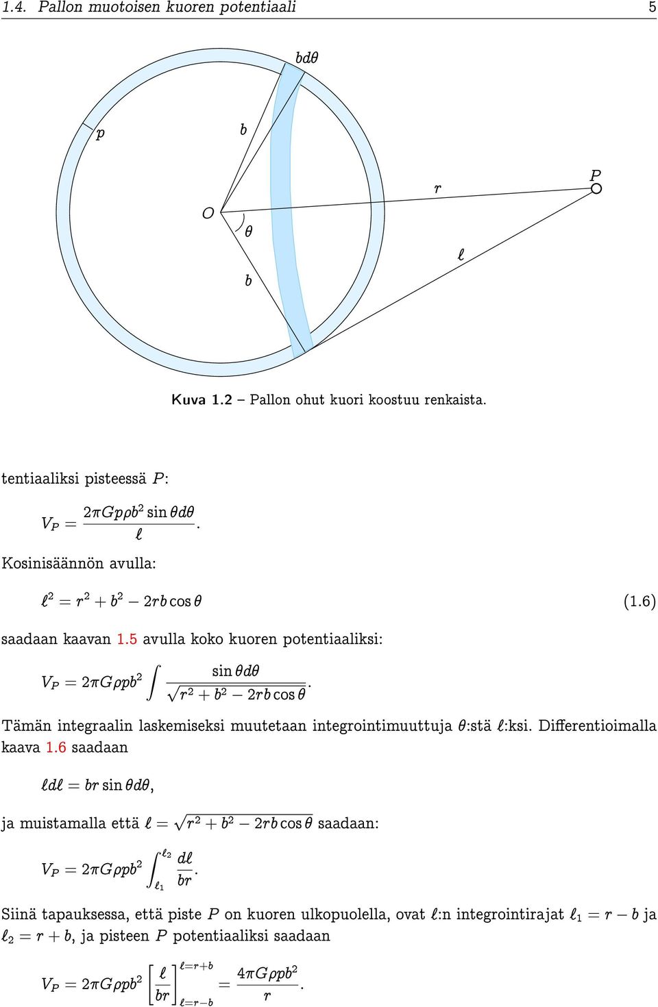 5 avulla koko kuoren potentiaaliksi: ˆ V P = 2Gpb 2 sin d p r2 + b 2 2rb cos : Tämän integraalin laskemiseksi muutetaan integrointimuuttuja :stä `:ksi.