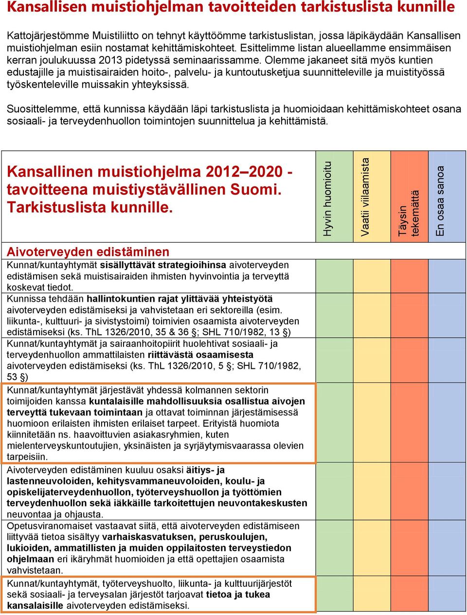 Olemme jakaneet sitä myös kuntien edustajille ja muistisairaiden hoito-, palvelu- ja kuntoutusketjua suunnitteleville ja muistityössä työskenteleville muissakin yhteyksissä.