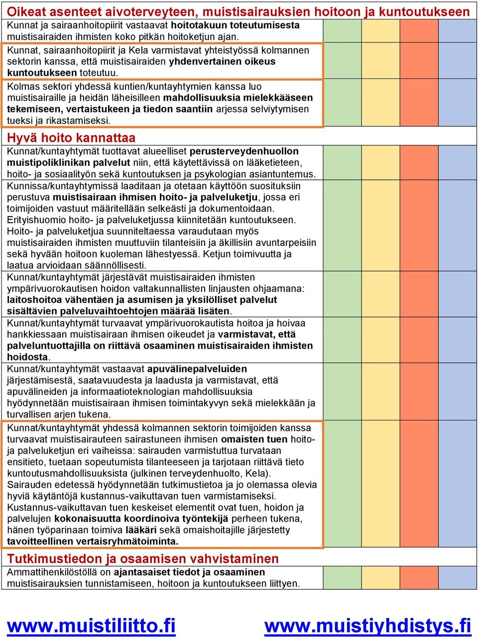 Kolmas sektori yhdessä kuntien/kuntayhtymien kanssa luo muistisairaille ja heidän läheisilleen mahdollisuuksia mielekkääseen tekemiseen, vertaistukeen ja tiedon saantiin arjessa selviytymisen tueksi