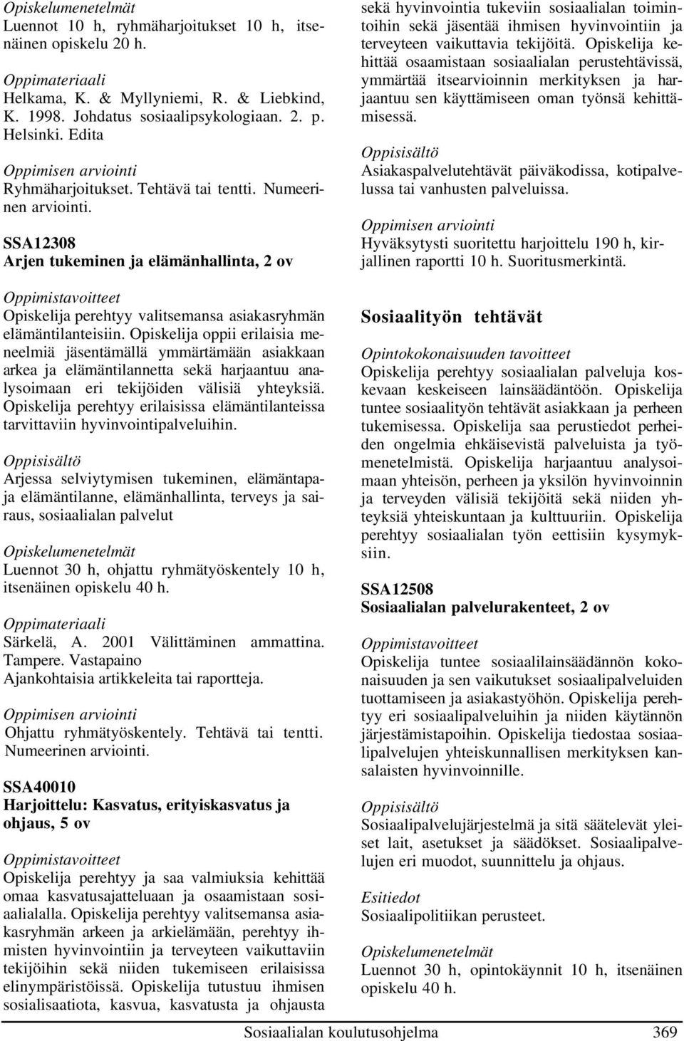 Numeerinen SSA12308 Arjen tukeminen ja elämänhallinta, 2 ov sekä hyvinvointia tukeviin sosiaalialan toimintoihin sekä jäsentää ihmisen hyvinvointiin ja terveyteen vaikuttavia tekijöitä.