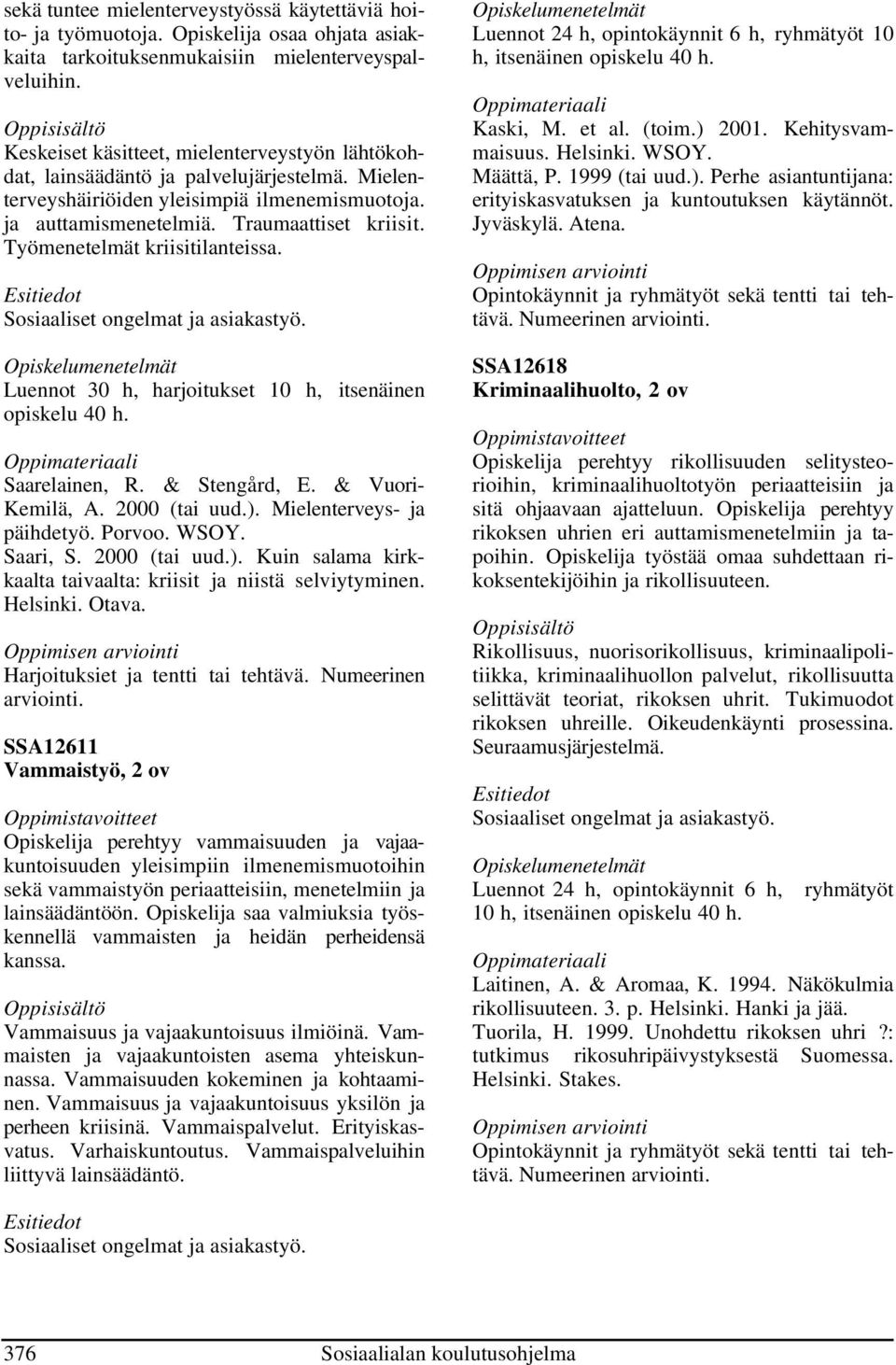 Työmenetelmät kriisitilanteissa. Sosiaaliset ongelmat ja asiakastyö. Luennot 30 h, harjoitukset 10 h, itsenäinen opiskelu 40 h. Saarelainen, R. & Stengård, E. & Vuori- Kemilä, A. 2000 (tai uud.).