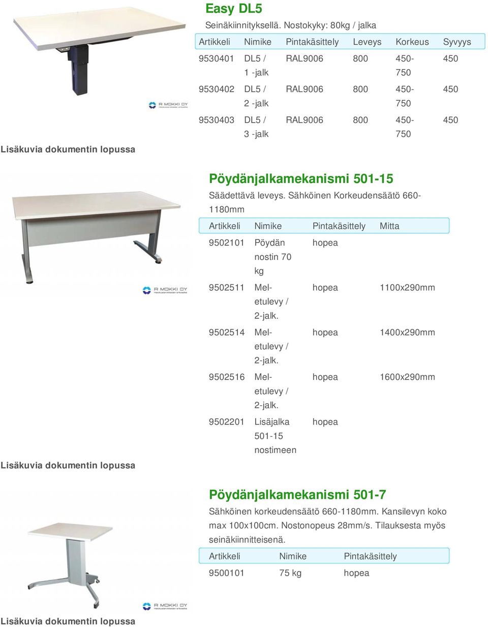 800 450-750 450 Pöydänjalkamekanismi 501-15 Säädettävä leveys.