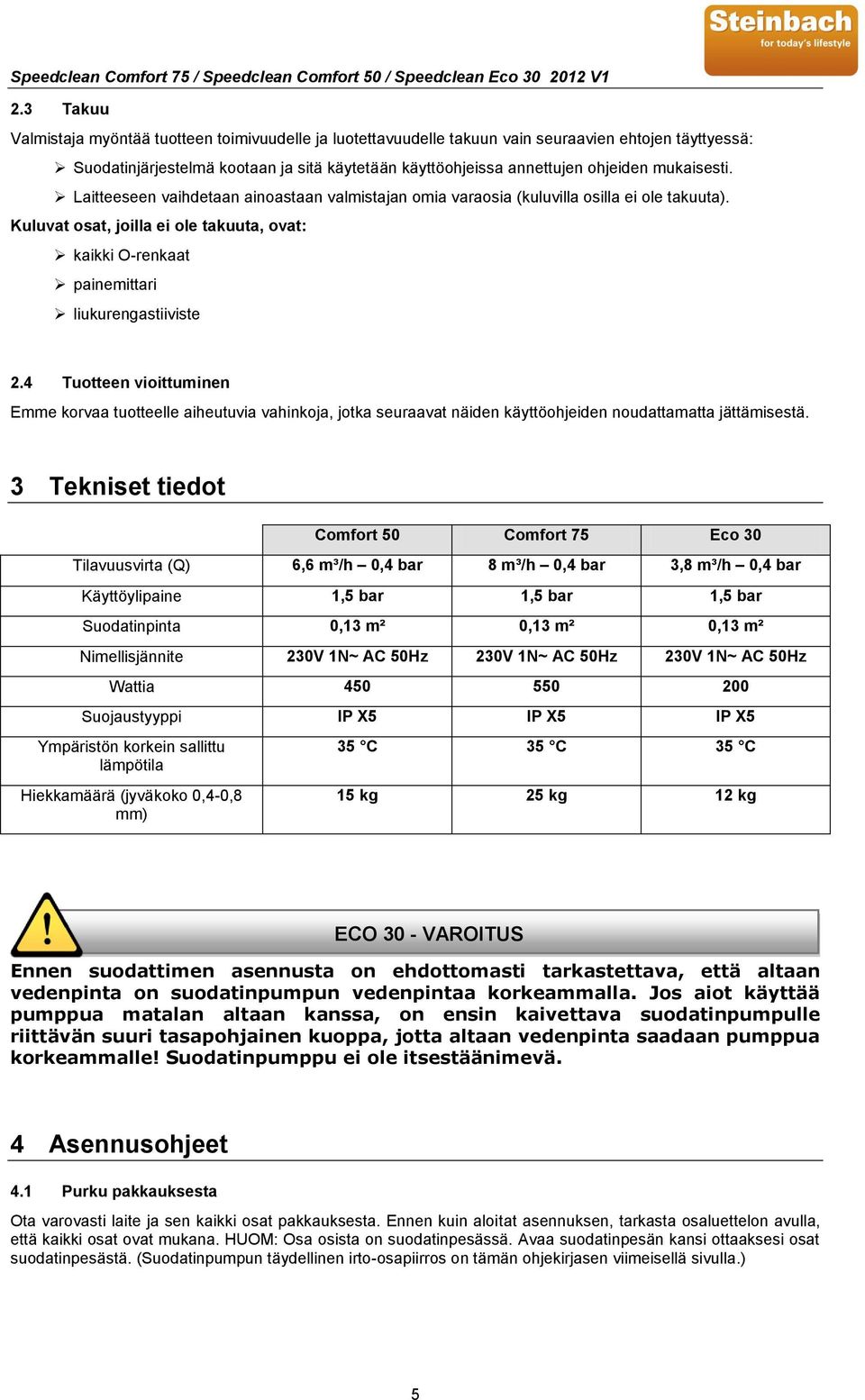 Kuluvat osat, joilla ei ole takuuta, ovat: kaikki O-renkaat painemittari liukurengastiiviste 2.