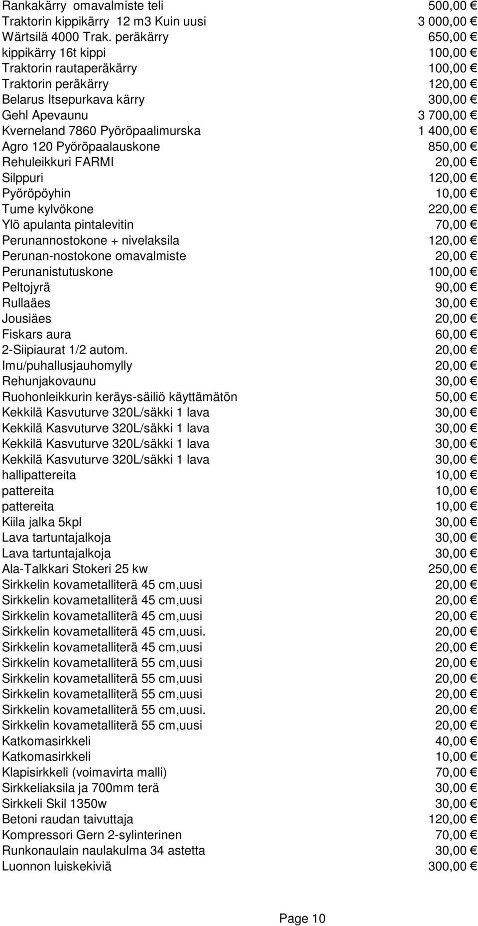 400,00 Agro 120 Pyöröpaalauskone 850,00 Rehuleikkuri FARMI 20,00 Silppuri 120,00 Pyöröpöyhin 10,00 Tume kylvökone 220,00 Ylö apulanta pintalevitin 70,00 Perunannostokone + nivelaksila 120,00