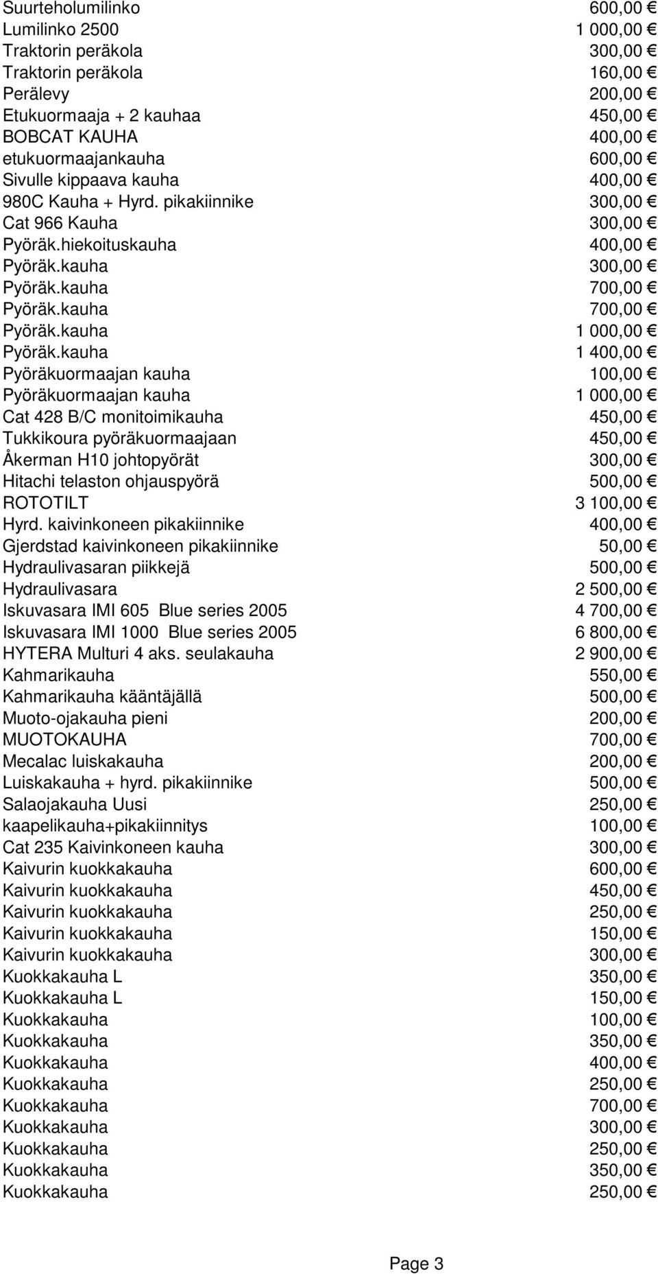 kauha 1 400,00 Pyöräkuormaajan kauha 100,00 Pyöräkuormaajan kauha 1 000,00 Cat 428 B/C monitoimikauha 450,00 Tukkikoura pyöräkuormaajaan 450,00 Åkerman H10 johtopyörät 300,00 Hitachi telaston