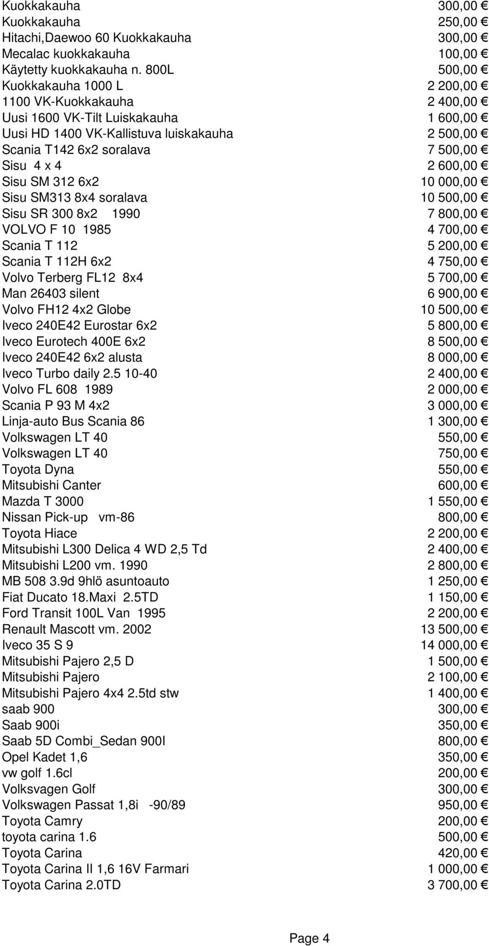 4 2 600,00 Sisu SM 312 6x2 10 000,00 Sisu SM313 8x4 soralava 10 500,00 Sisu SR 300 8x2 1990 7 800,00 VOLVO F 10 1985 4 700,00 Scania T 112 5 200,00 Scania T 112H 6x2 4 750,00 Volvo Terberg FL12 8x4 5