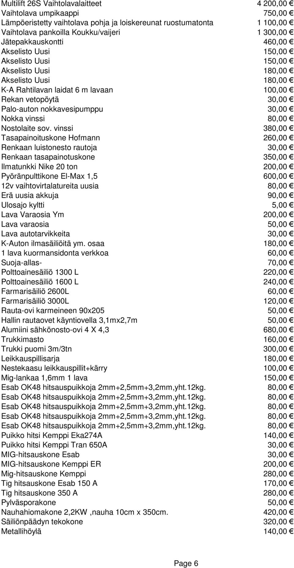 nokkavesipumppu 30,00 Nokka vinssi 80,00 Nostolaite sov.