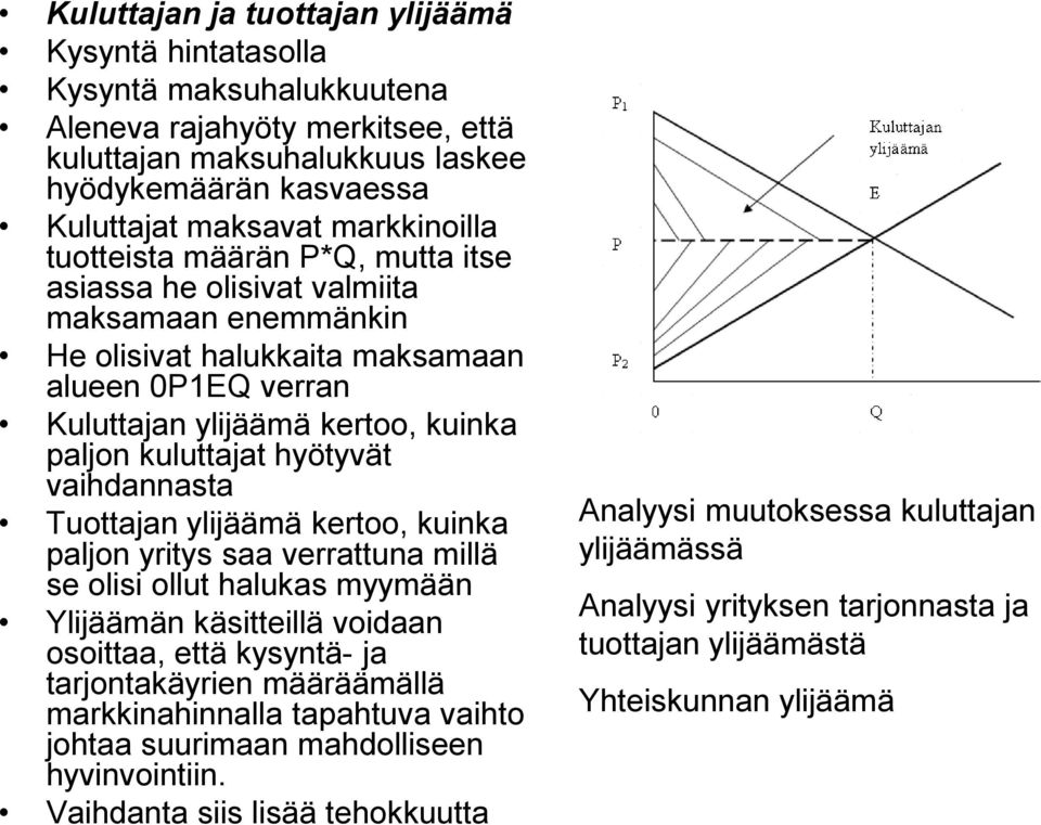 kuluttajat hyötyvät vaihdannasta Tuottajan ylijäämä kertoo, kuinka paljon yritys saa verrattuna millä se olisi ollut halukas myymään Ylijäämän käsitteillä voidaan osoittaa, että kysyntä- ja