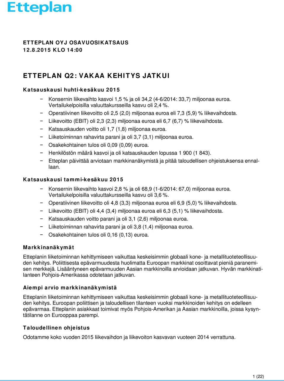 Liikevoitto (EBIT) oli 2,3 (2,3) miljoonaa euroa eli 6,7 (6,7) % liikevaihdosta. Katsauskauden voitto oli 1,7 (1,8) miljoonaa euroa. Liiketoiminnan rahavirta parani ja oli 3,7 (3,1) miljoonaa euroa.