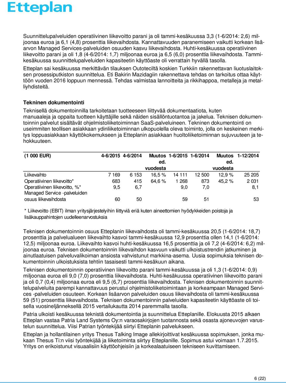 Huhti-kesäkuussa operatiivinen liikevoitto parani ja oli 1,8 (4-6/2014: 1,7) miljoonaa euroa ja 6,5 (6,0) prosenttia liikevaihdosta.