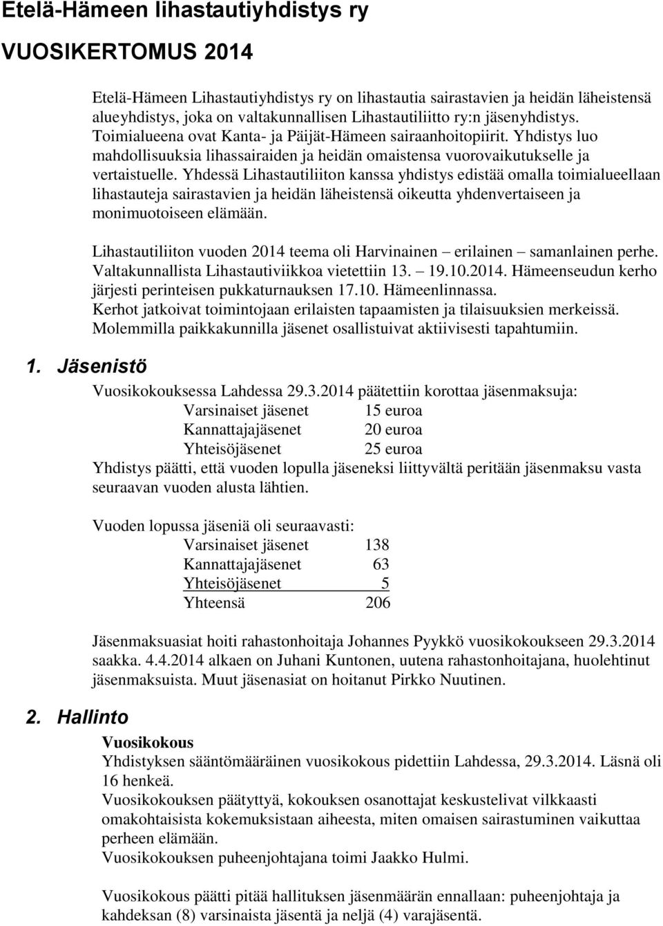 Toimialueena ovat Kanta- ja Päijät-Hämeen sairaanhoitopiirit. Yhdistys luo mahdollisuuksia lihassairaiden ja heidän omaistensa vuorovaikutukselle ja vertaistuelle.