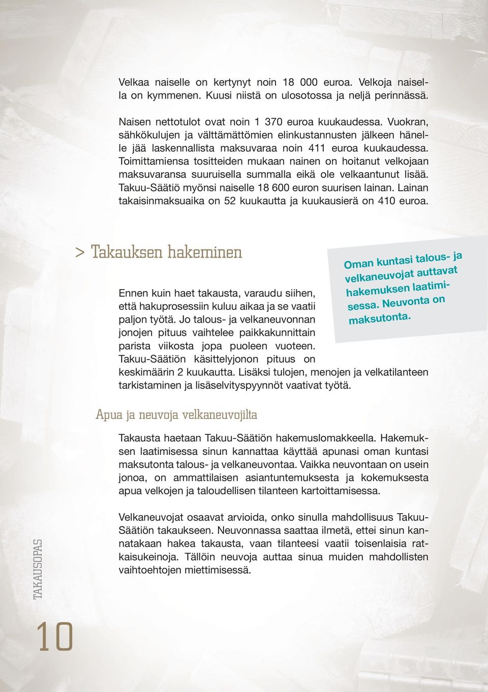 Toimittamiensa tositteiden mukaan nainen on hoitanut velkojaan maksuvaransa suuruisella summalla eikä ole velkaantunut lisää. Takuu-Säätiö myönsi naiselle 18 600 euron suurisen lainan.