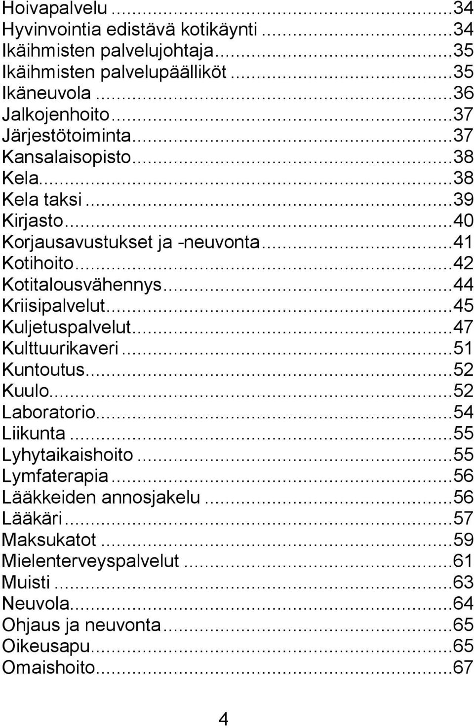 ..44 Kriisipalvelut...45 Kuljetuspalvelut...47 Kulttuurikaveri...51 Kuntoutus...52 Kuulo...52 Laboratorio...54 Liikunta...55 Lyhytaikaishoito...55 Lymfaterapia.