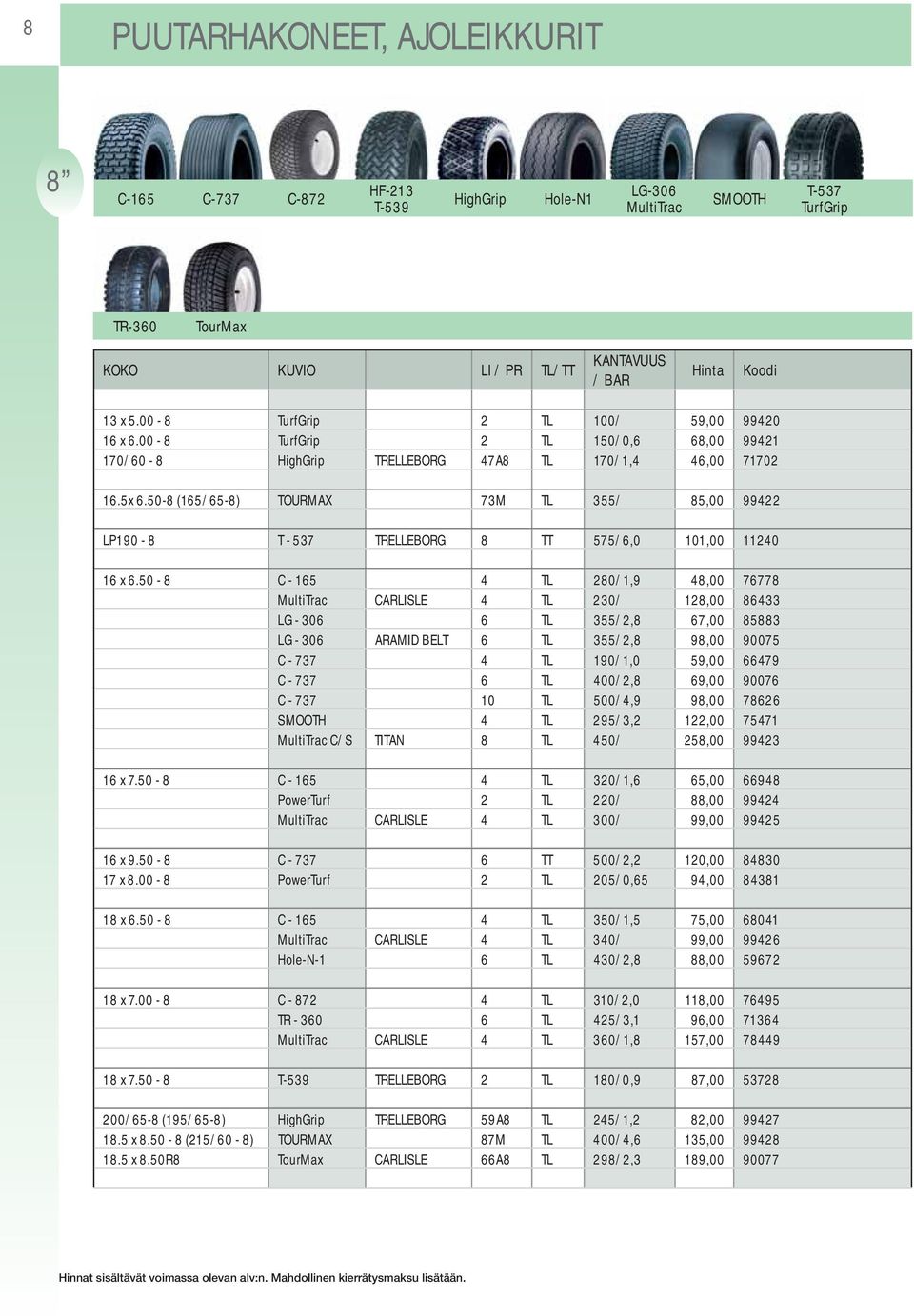 50-8 (165/65-8) TOURMAX 73M TL 355/ 85,00 99422 LP190-8 T - 537 TRELLEBORG 8 TT 575/6,0 101,00 11240 16 x 6.