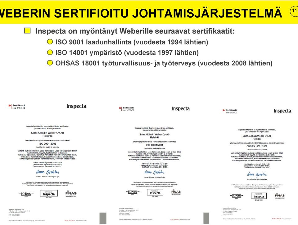 1994 lähtien) ISO 14001 ympäristö (vuodesta 1997 lähtien) OHSAS 18001