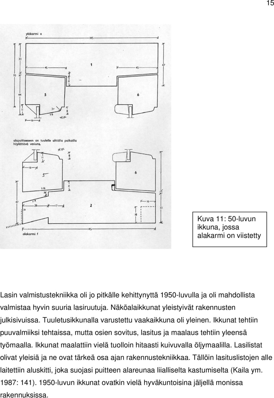 Ikkunat tehtiin puuvalmiiksi tehtaissa, mutta osien sovitus, lasitus ja maalaus tehtiin yleensä työmaalla. Ikkunat maalattiin vielä tuolloin hitaasti kuivuvalla öljymaalilla.