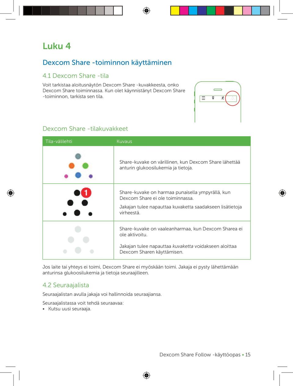 Dexcom Share -tilakuvakkeet Tila-välilehti Kuvaus Share-kuvake on värillinen, kun Dexcom Share lähettää anturin glukoosilukemia ja tietoja.