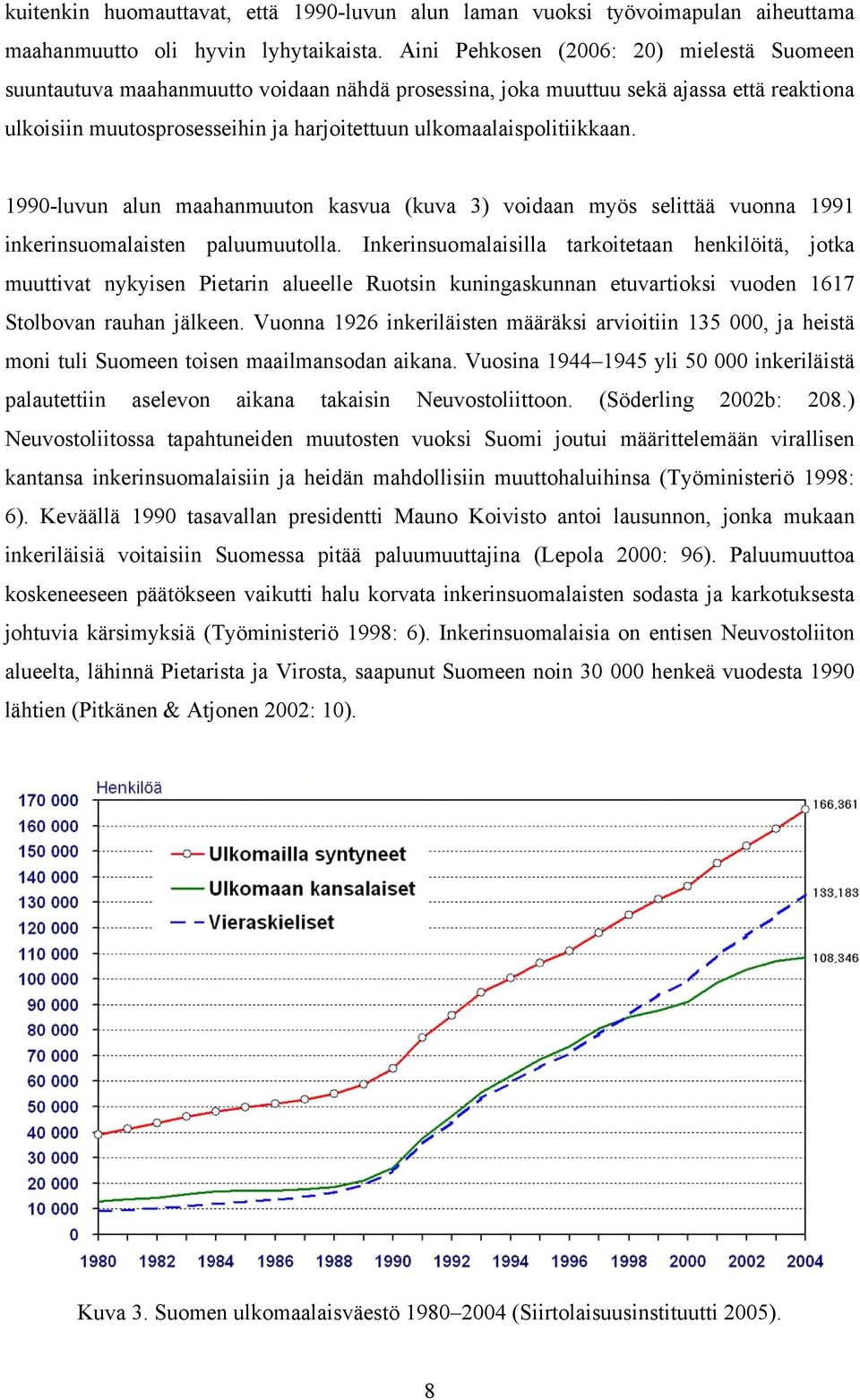 ulkomaalaispolitiikkaan. 1990-luvun alun maahanmuuton kasvua (kuva 3) voidaan myös selittää vuonna 1991 inkerinsuomalaisten paluumuutolla.