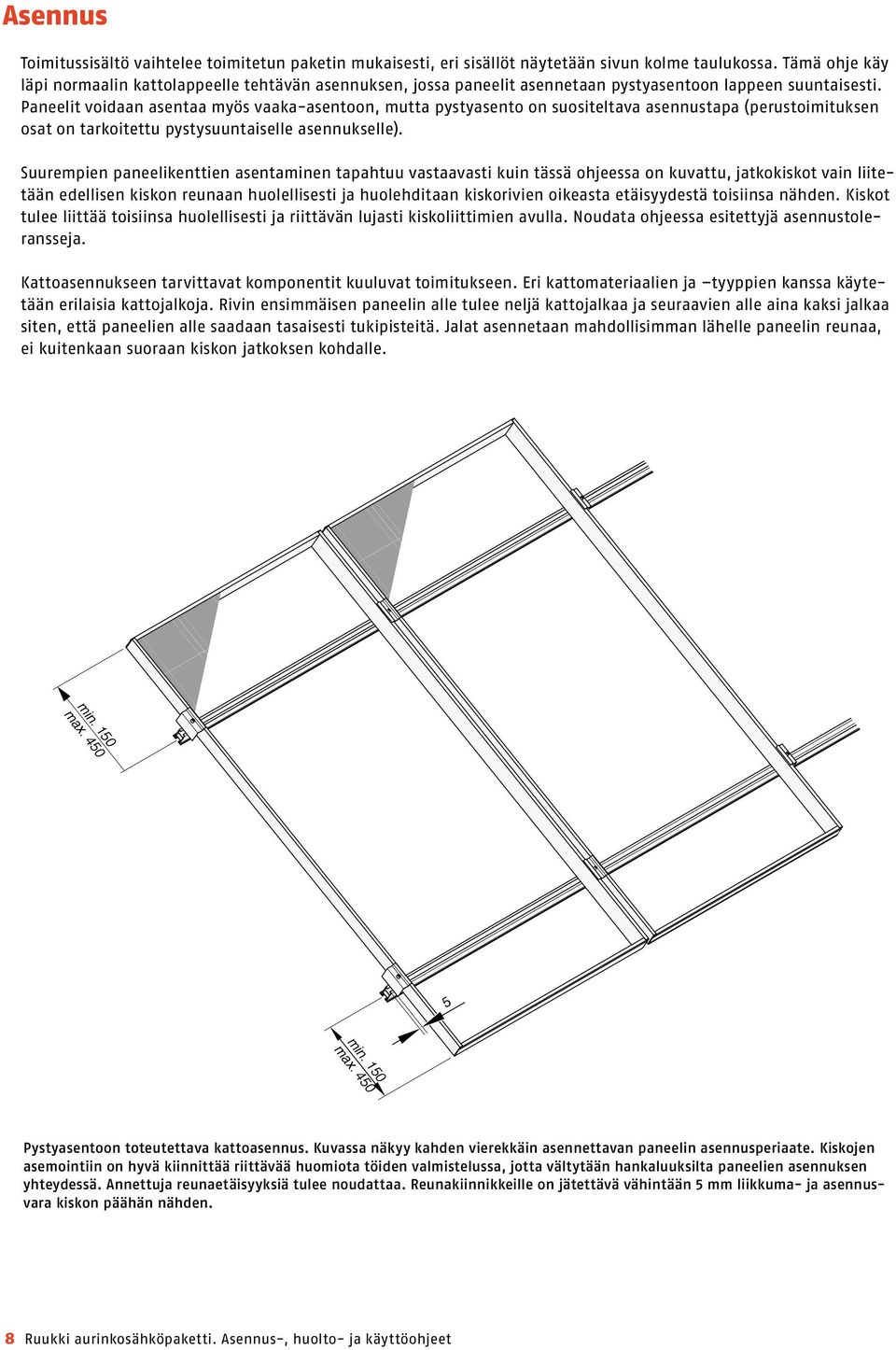 Paneelit voidaan asentaa myös vaaka-asentoon, mutta pystyasento on suositeltava asennustapa (perustoimituksen osat on tarkoitettu pystysuuntaiselle asennukselle).