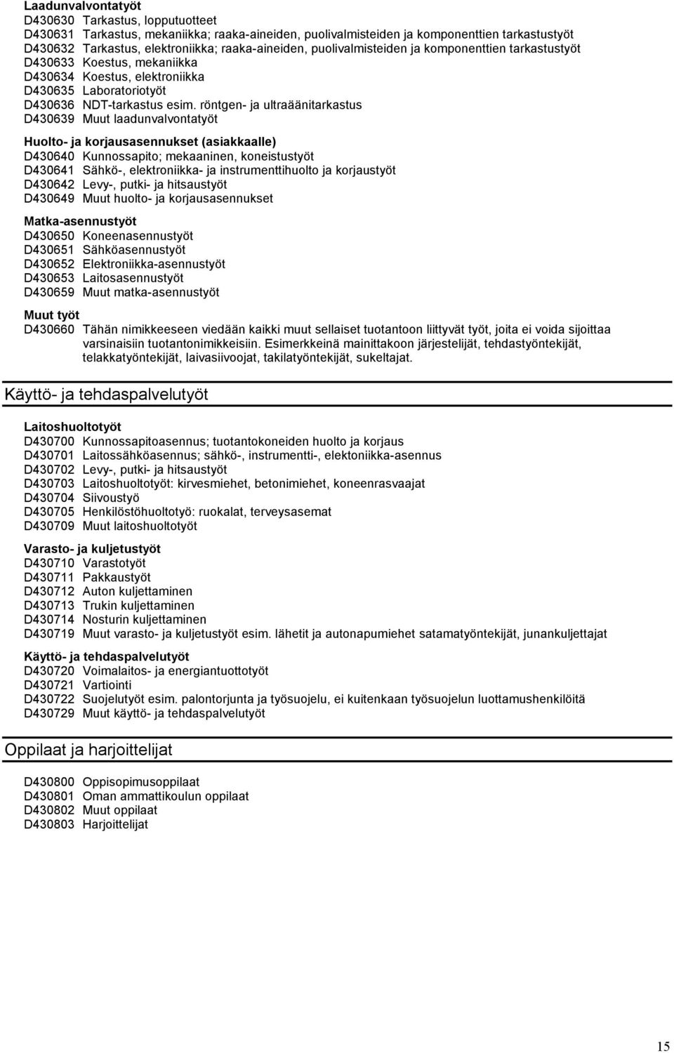 röntgen- ja ultraäänitarkastus D430639 Muut laadunvalvontatyöt Huolto- ja korjausasennukset (asiakkaalle) D430640 Kunnossapito; mekaaninen, koneistustyöt D430641 Sähkö-, elektroniikka- ja