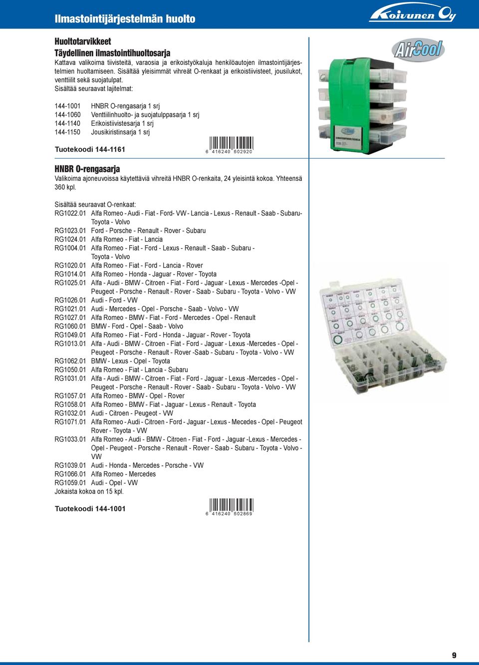 Sisältää seuraavat lajitelmat: 144-1001 HNBR O-rengasarja 1 srj 144-1060 Venttiilinhuolto- ja suojatulppasarja 1 srj 144-1140 Erikoistiivistesarja 1 srj 144-1150 Jousikiristinsarja 1 srj Tuotekoodi