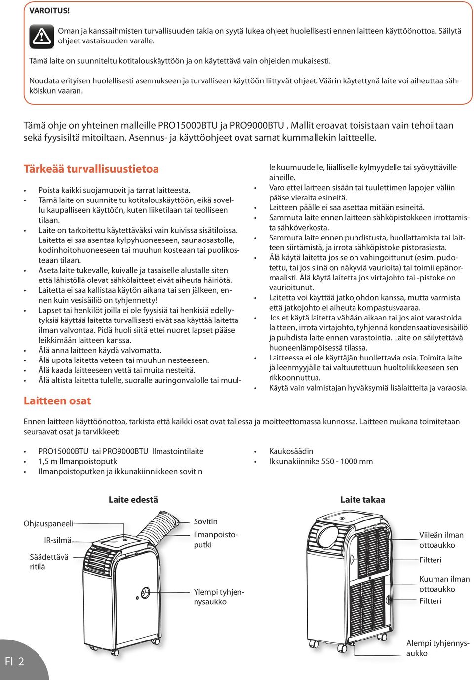 Väärin käytettynä laite voi aiheuttaa sähköiskun vaaran. Tämä ohje on yhteinen malleille PRO15000BTU ja PRO9000BTU. Mallit eroavat toisistaan vain tehoiltaan sekä fyysisiltä mitoiltaan.