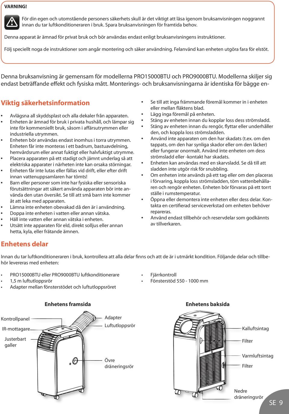 Följ speciellt noga de instruktioner som angår montering och säker användning. Felanvänd kan enheten utgöra fara för elstöt. Denna bruksanvisning är gemensam för modellerna PRO15000BTU och PRO9000BTU.